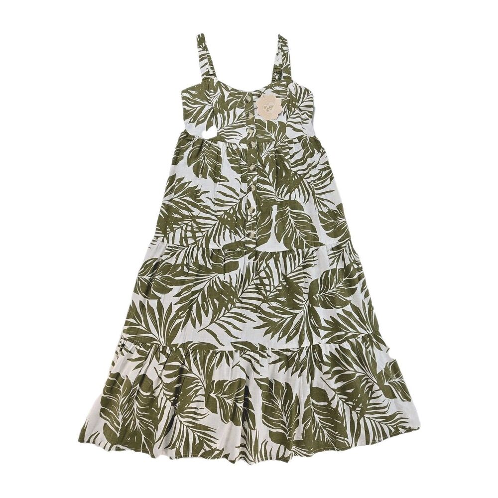 Indulge by Gogo Green White Leaf Print Tiered Midi Dress XL Sleeveless Smocked